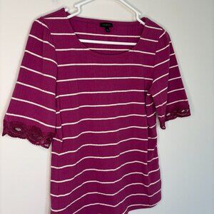 TALBOTS Ribbed Striped Top Womens M Purple Lace Edge Short Sleeve
